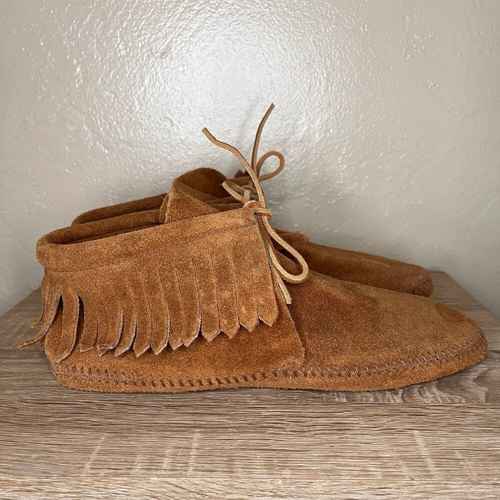 Minnetonka Classic Fringe Ankle Boots Women's Sz 8.5 Suede Moccasins Brown Boho